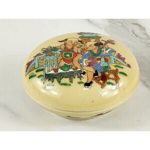 Chinese Famille Verte Seal Paste Box 3 3/4" Boy Play Banjo 50's Qing Style